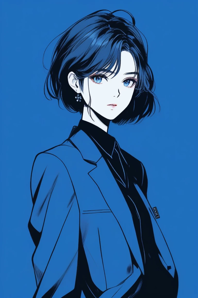 (best quality, sketch:1.2),realistic,illustrator,anime,1 girl, be flat-chested boyish girl, Androgynous, suits, custom, black and blue gradient background, textured cropping, masterpiece, noir style , Japanese style, anime style 4 k