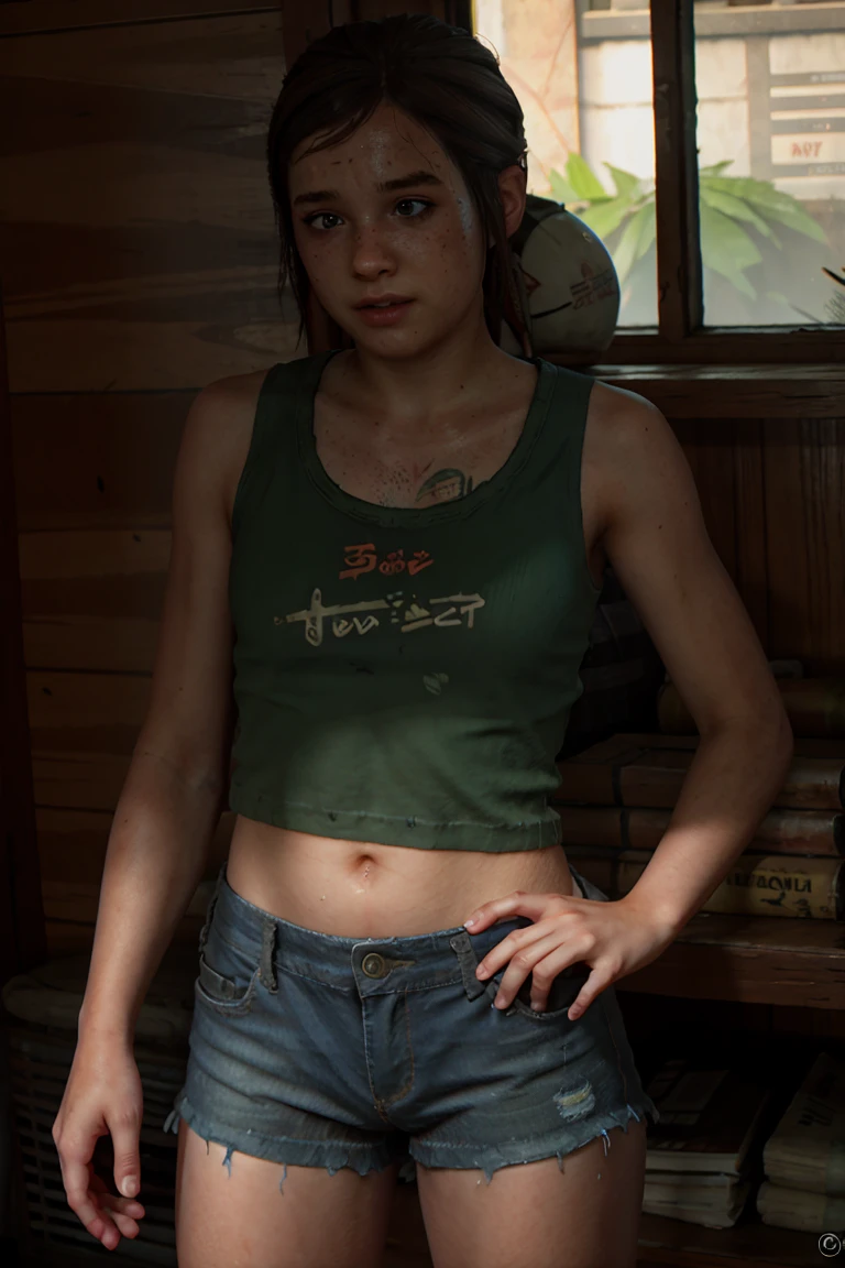 girl, summer, sweaty, short shorts, nerdy, tank top, tlou