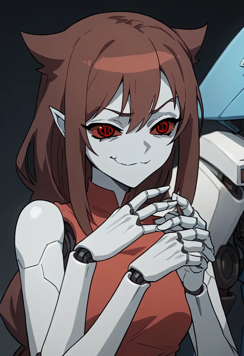 (Anime, 1girl, brown hair, grey eyes, elegant red clothes uncomfortable, portrait, Robot girl, Mecha, Android, joint limbs, robot joints, facial joints, metal pale skin, black sclera, no mouth, glowing eyes, no face, smug face), score_9, score_8_up, score_7_up