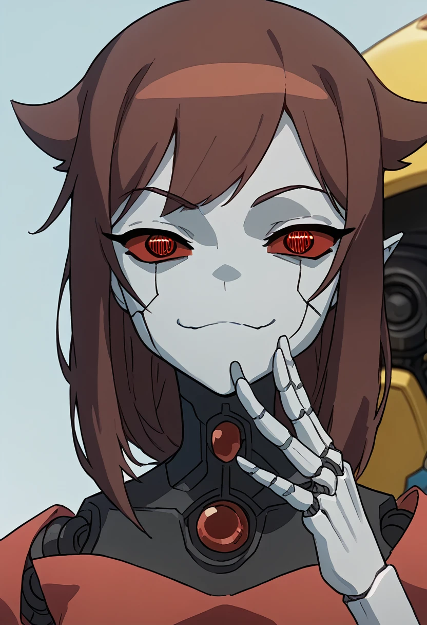 (Anime, 1girl, brown hair, grey eyes, elegant red clothes uncomfortable, portrait, Robot girl, Mecha, Android, joint limbs, robot joints, facial joints, metal pale skin, black sclera, no mouth, glowing eyes, no face, smug face), score_9, score_8_up, score_7_up