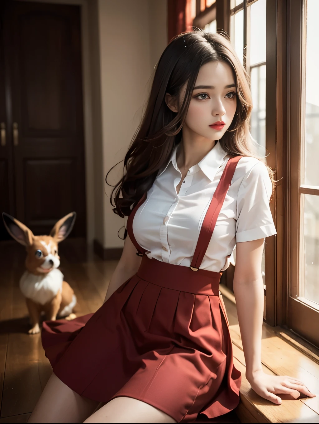 (Best quality,8k,high resolution,masterpiece:1.2),Digital Artwork,A girl,Delicate face,Delicate eyes,Dark brown hair,Straight Hair,Shining amber eyes,Red lips,suspender long skirt,particle,dust,Warm colors,shy,in love,Pokémon_Eevee,Eevee_Pokémon,Eeveeの絵,Men's white collar shirt,necklace,Jewelry,Pretty Face,Large Breasts,more than_Body,Tyndall effect,lifelike,Dark Studio,(HD Skin:1.2),8k Ultra HD,Soft Light,high quality,Edge lighting,Two-color lighting,Volumetric Lighting,frank,Professional photography,超high resolution,8k,Bokeh,Shallow depth of field,與Eevee一起