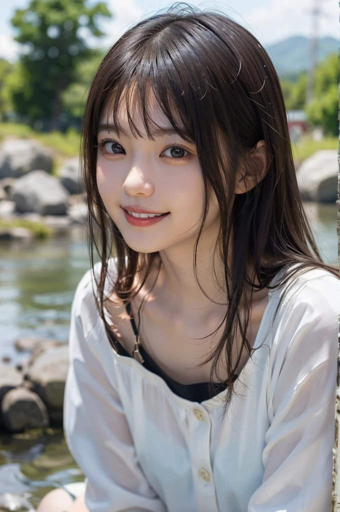 A girl wearing a white dress is bathing in the river, getting wet, having fun, no make-up, rural scenery, sunset,smile、smile、、((No makeup))、(Realistic、Photorealistic、Ultra-detailed、Best detailed skin、Highest quality、masterpiece、超A high resolution)、Cute Japanese Woman、16 years old、High school girl、Young girl、1 girl、Has bangs、double eyelid、Drooling eyes、Big black eyes、attractive、purity、かわいいsmile、自然なsmile、Watch it here、Realistic肌タイプ、Fluffy hair、Red cheeks、The wind is blowing、illumination、The light is coming from behind、smile、smile
