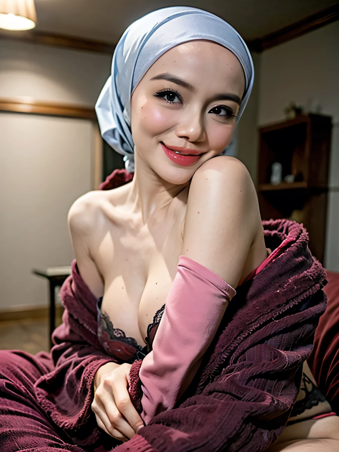Matured Malay women in hijab wearing sexy satin lace red wine color strapless bra and panties, portrait photography, 35 years old, mid shot photo, ultra detail, professional photograph with professional lighting, smile, light blue studio background, sexy seducing pose, curvy,