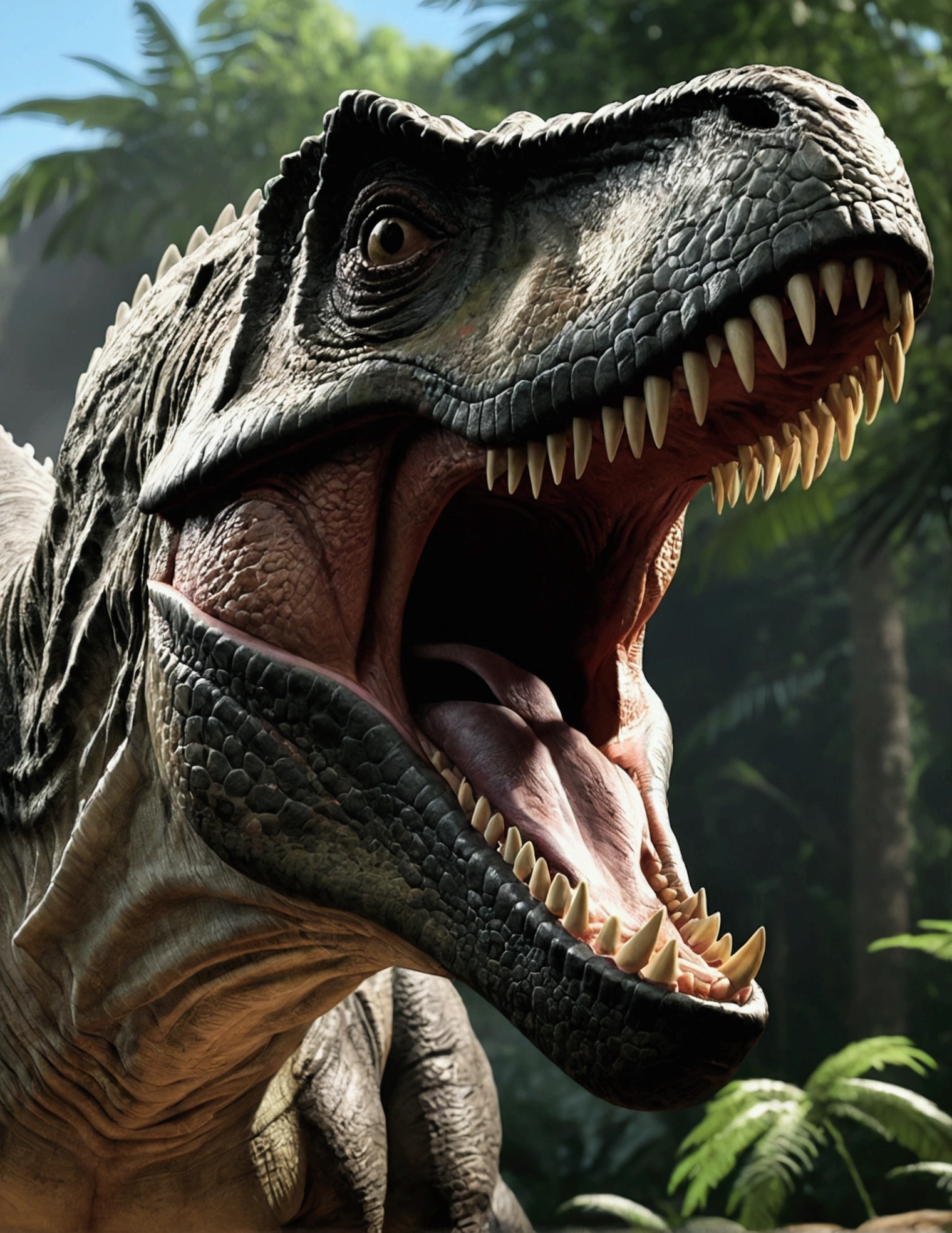 masterpiece、Realistic、Highest quality、4K、Mouth wide open、barking、Tyrannosaurus、Whole body、Create hdr max of dinosaur AI8k