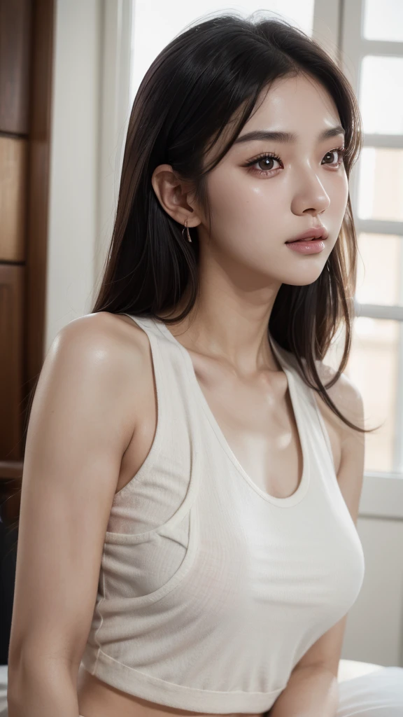 1girl, beautiful detailed eyes, beautiful detailed lips, extremely detailed eyes and face, long eyelashes, kpop idol, looking at viewers, tank top, beautiful detailed skin, glowing skin, natural lighting, soft warm colors, cinematic lighting, highly detailed, 8k, photorealistic, textured skin, super detailed, UHD, black hair, from side