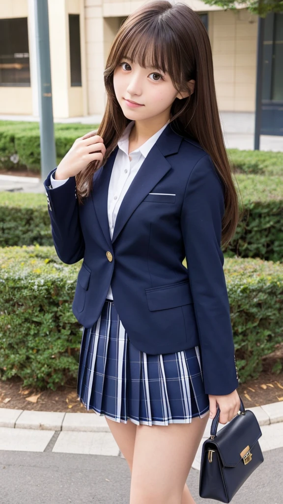 Japanese 18 year old high school girl、Navy blue blazer uniform、Navy blue pleated mini skirt、Brown hair and long hair
