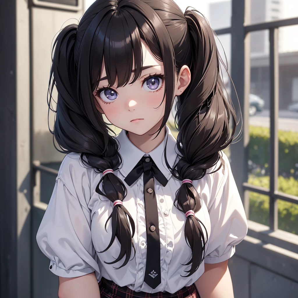 (8K, Best Quality, Masterpiece, Ultra High Resolution) 1Girl, Young, Teen, High School Student, Beautiful Eyes, Face Details, Dark Hair, Long Hair, Pigtails, Hazel Eyes, Pale Skin, Dainty, Cute, Blouse, Plaid Skirt, Dark Outside, Best Quality, Upper Body, Looking at the Viewer, Facing Viewer, Close Up
