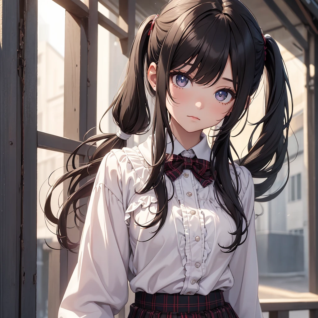 (8K, Best Quality, Masterpiece, Ultra High Resolution) 1Girl, Young, , High School Student, Beautiful Eyes, Face Details, Dark Hair, Long Hair, Pigtails, Hazel Eyes, Pale Skin, Dainty, Cute, Blouse, Plaid Skirt, Dark Outside, Best Quality, Upper Body, Looking at the Viewer, Facing Viewer, Close Up