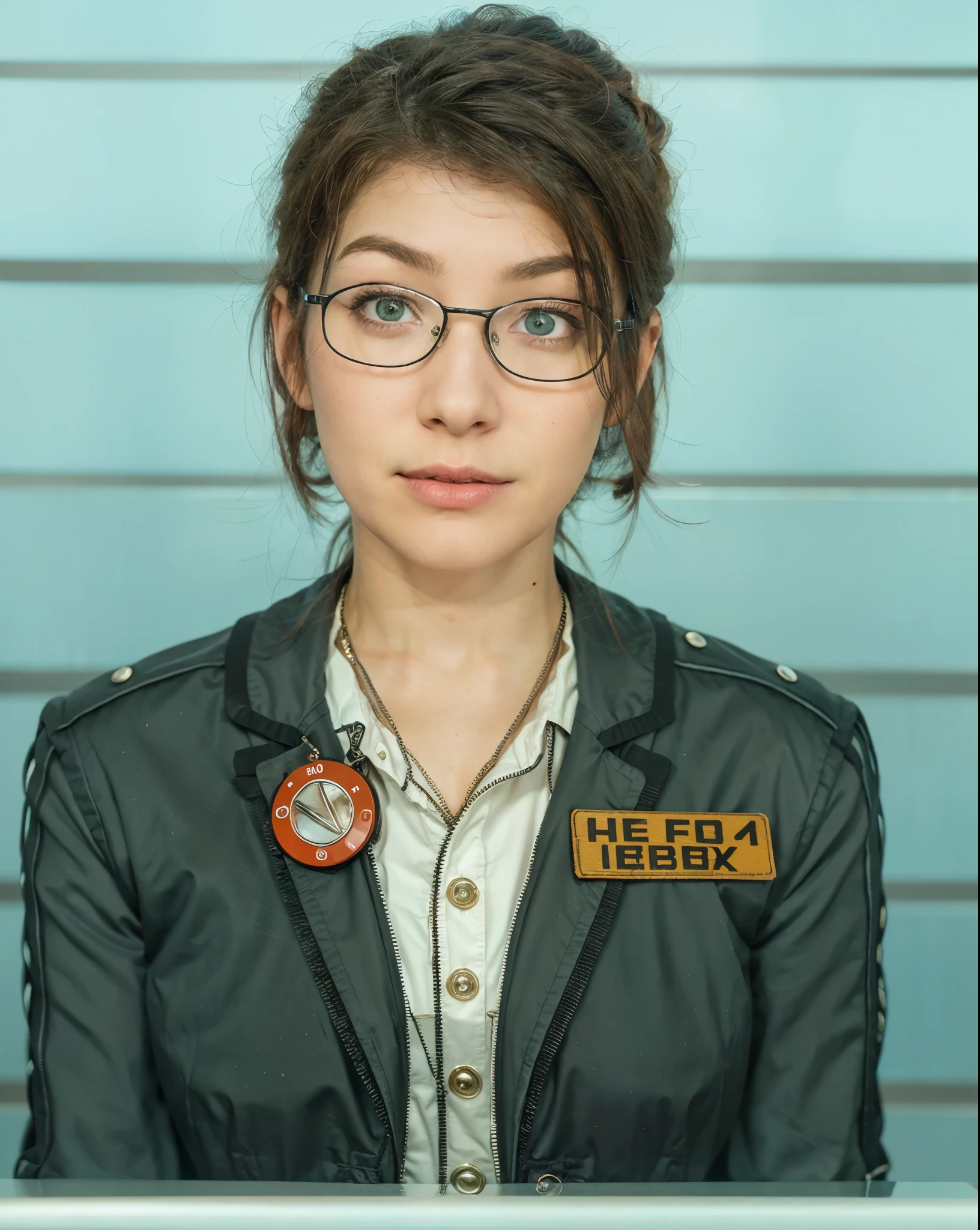 cartoon woman in a suit and glasses behind a desk with a sign, female lead character, female investigator, librarian, inspired by Janet Archer, amanda clarke, sil from species, pam from the office, female spy, by Melissa A. Benson, (highly detailed face:1.4) (smile:0.7) (background inside dark, moody, private study:1.3) POV, by lee jeffries, nikon d850, film stock photograph ,4 kodak portra 400 ,camera f1.6 lens ,rich colors ,hyper realistic ,lifelike texture, dramatic lighting , cinestill 800