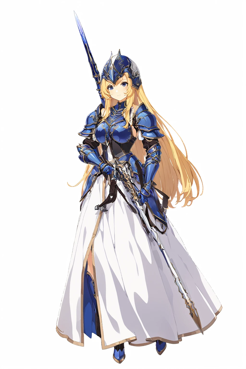 high quality, high resolution, high qualityのゲームアートスタイル, whole body,valkyrie,perfect hand,Official Art, Smooth game CG art, Visual Novel Sprites, White background,Smooth game CG art, (((Woman with a gun))),Woman wearing a white dress and blue armor, An intricately designed helmet with white feathers,Small shield, (((In his right hand he holds an elaborate spear))),Exquisite Blue Armor,Golden Hair, long hair, female knight, Rin々Shii,Large Bust,20-year-old,