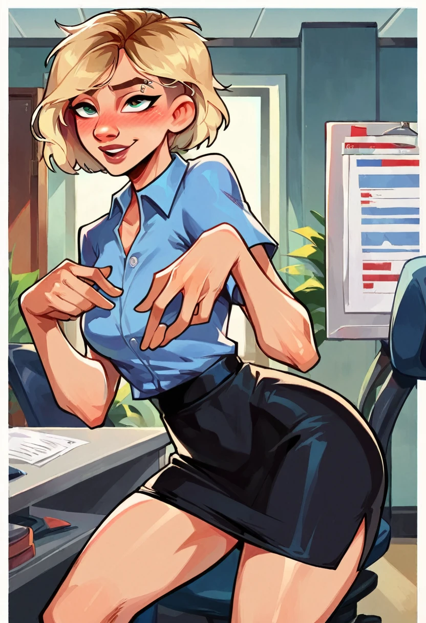 score_9, score_8_up, score_7_up, score_6_up, rating_explicit, sequence, comic, 8-panel, source_comic, Pixar style, (1girl:1.5), (solo:1.5), (short hair Gwen Stacy:1.6), wearing (tight skirt and blouse:1.5), (modern office:1.6), blush, doing office tasks, innocent smile, messy hair, loving eyes, highly detailed eyes, glistening skin, anime.