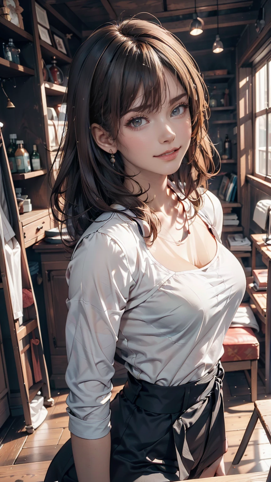 Beautiful woman, Wearing a white shirt, Full body portrait, Beautiful perfect face and perfect face, Surreal concept, 8k resolution, Photo quality, Pose for a photo, Photorealistic, 24-year-old woman、Sexy proportionature female body、Sexy proportionakeup、Textured skin((textured skin))、smile、Narrow waist、Inner Color((colored inner hair))、Vertical roll on one side((side drill))、Background blur((depth of field))、Aerial perspective((atmospheric perspective))