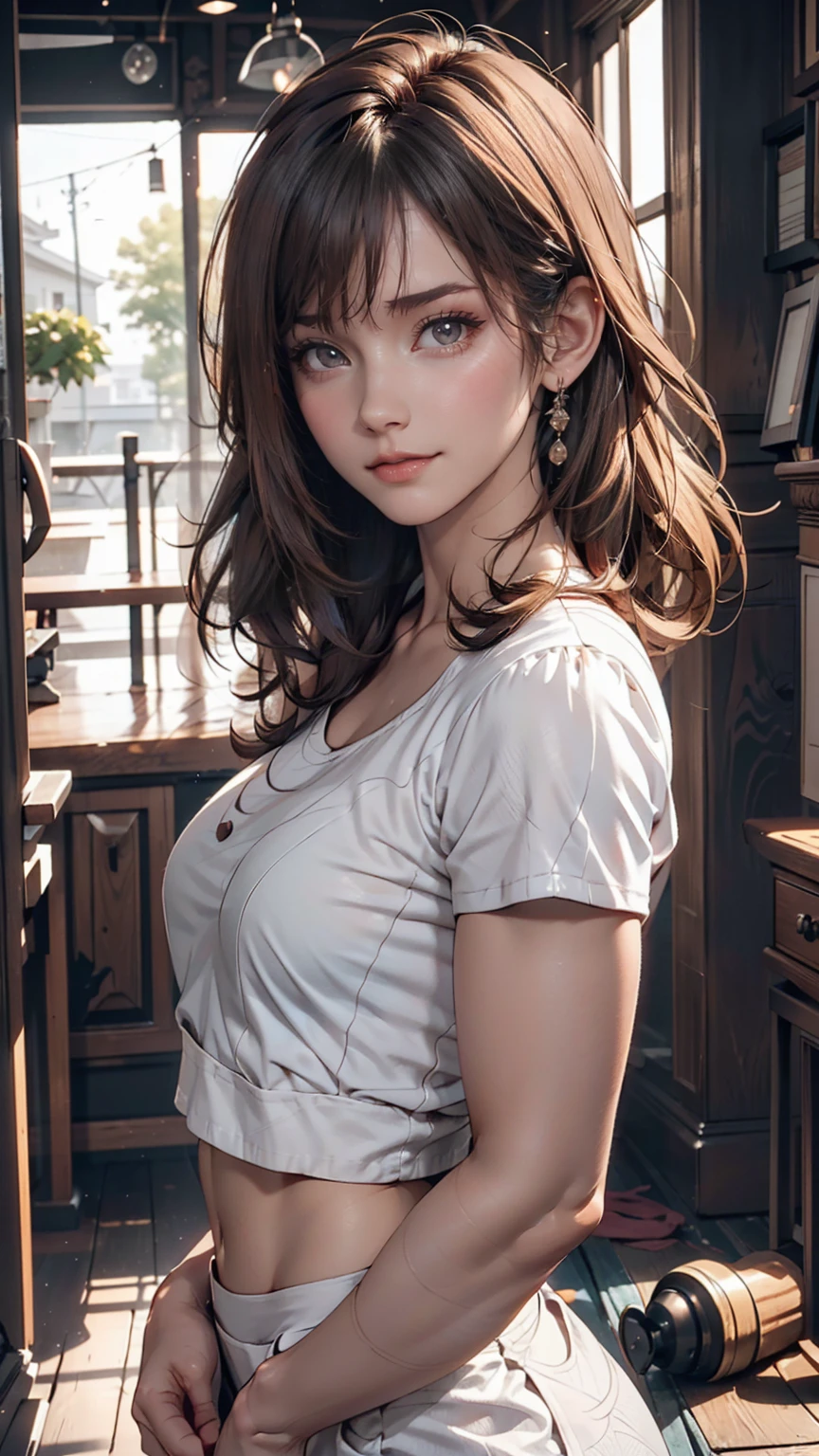 Beautiful woman, Wearing a white shirt, Full body portrait, Beautiful perfect face and perfect face, Surreal concept, 8k resolution, Photo quality, Pose for a photo, Photorealistic, 24-year-old woman、Sexy proportionature female body、Sexy proportionakeup、Textured skin((textured skin))、smile、Narrow waist、Inner Color((colored inner hair))、Vertical roll on one side((side drill))、Background blur((depth of field))、Aerial perspective((atmospheric perspective))