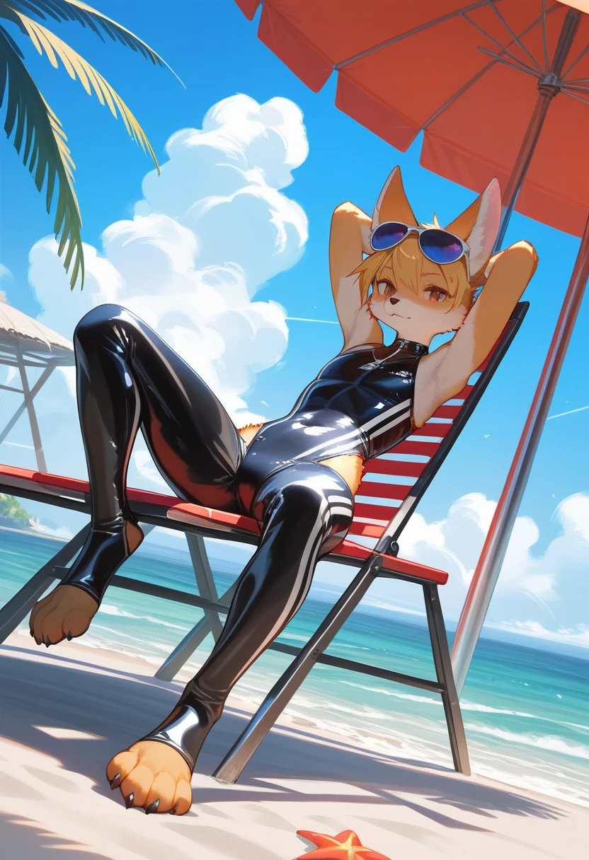 Highest quality, Highest quality, High quality illustrations, masterpiece, Ultra-high resolution, Detailed Background, beach, Absurd, Perfect Anatomy, performance, Good lighting, Shadows in the movies(kemono, Furry Personifi猫ion), latex, neon, neonカラー, cyber punk, Wetsuits, sunglasses, Tattoo, Lie on a beach chair, Dynamic Angle