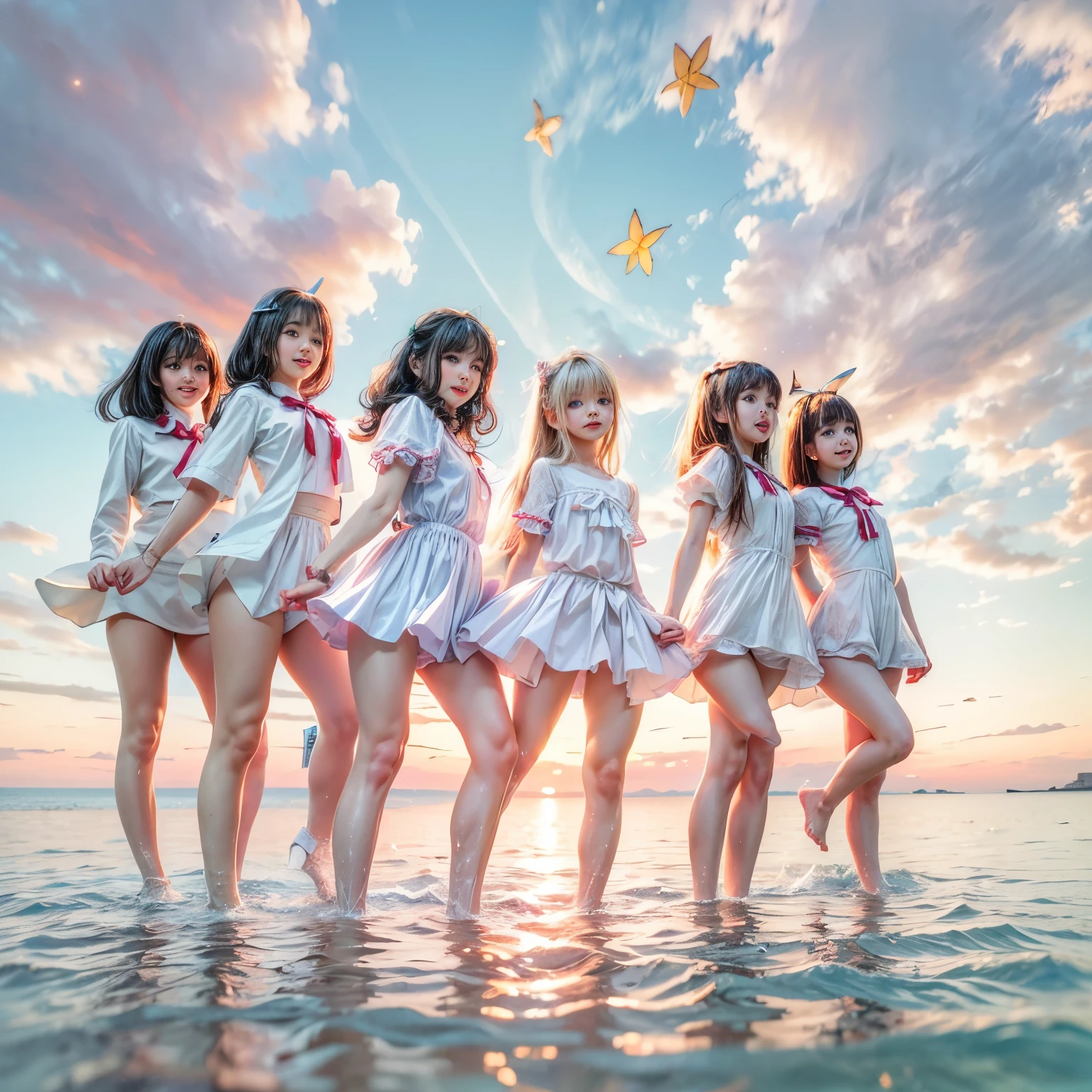Masterpiece of (ProfessionalPhoto:1.37) ((ExtremelyDetailed (12 PICHIPICHI KAWAII Girls Floating in The Air in a row:1.37) in WHITE at Dusk Enoshima Beach)), {(Standing Full Body:1.2)|(from below:1.2)|Detailed KAWAII face}, Different types of hair colors, {(skinny(school swimwear))|(SchoolUniform)with Tiny AthleticShorts}, {(Corrected Childish hand)|Hidden hand|Different types of breasts|(Clearly Visible the shape of Butt)}, Joyful Expressions LifeLike Rendering, Detailed clothing texture, PerfectLighting, (Dazzling Horizon Visible through ThighGap), (Starry IridescentParticles:1.22) ColorfulClouds . Whole Body proportions and all limbs are anatomically accurate