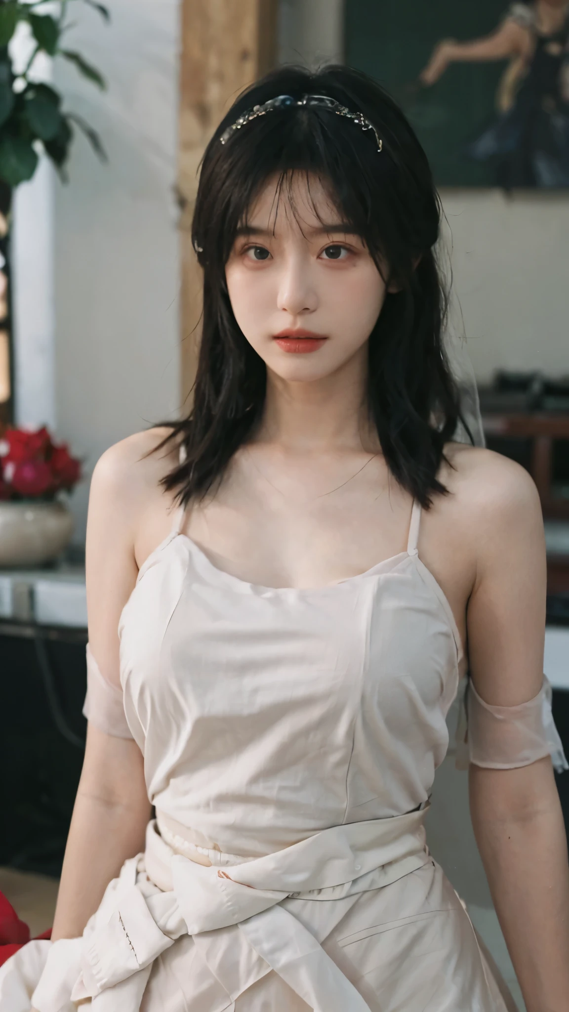 Portrait photography，1 girl，Wedding dress，Wedding dress背景，Push-up non-slip tube top ，（whole body：1.4），Lipstick，(Big Breasts:1.4)，Headband，serene，calm，(Realistic and detailed eyes，Natural skin texture，Realistic facial details)，