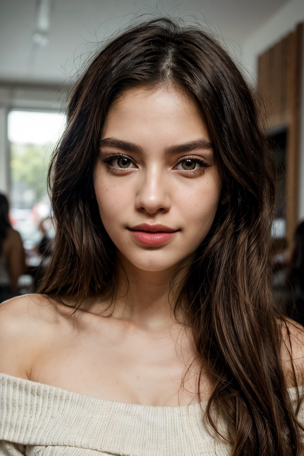 a 21-year-old girl of Mediterranean brown color ,con cabello negro largo y liso,ojos grandes y negros ,very large eyelashes,cejas parcialmente finas y semi pobladas,labios rosados ,labio superior delgado y labio inferior grueso ,perfect, small, upturned nose ,mirada super actrativa y sensual