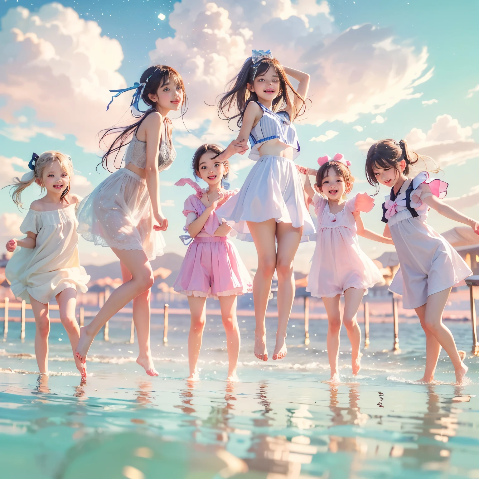  Masterpiece of (ProfessionalPhoto:1.37) ((ExtremelyDetailed (12 PICHIPICHI KAWAII Girls Floating in The Air in a row:1.37) in WHITE at Dusk Enoshima Beach)), {(Standing Full Body:1.2)|(from below:1.2)|Detailed KAWAII face}, Different types of hair colors, {(skinny(school swimwear))|(SchoolUniform)with Tiny AthleticShorts}, {(Corrected Childish hand)|Hidden hand|Different types of breasts|(Clearly Visible the shape of Butt)}, Joyful Expressions LifeLike Rendering, Detailed clothing texture, PerfectLighting, (Dazzling Horizon Visible through ThighGap), (Starry IridescentParticles:1.22) ColorfulClouds . Whole Body proportions and all limbs are anatomically accurate