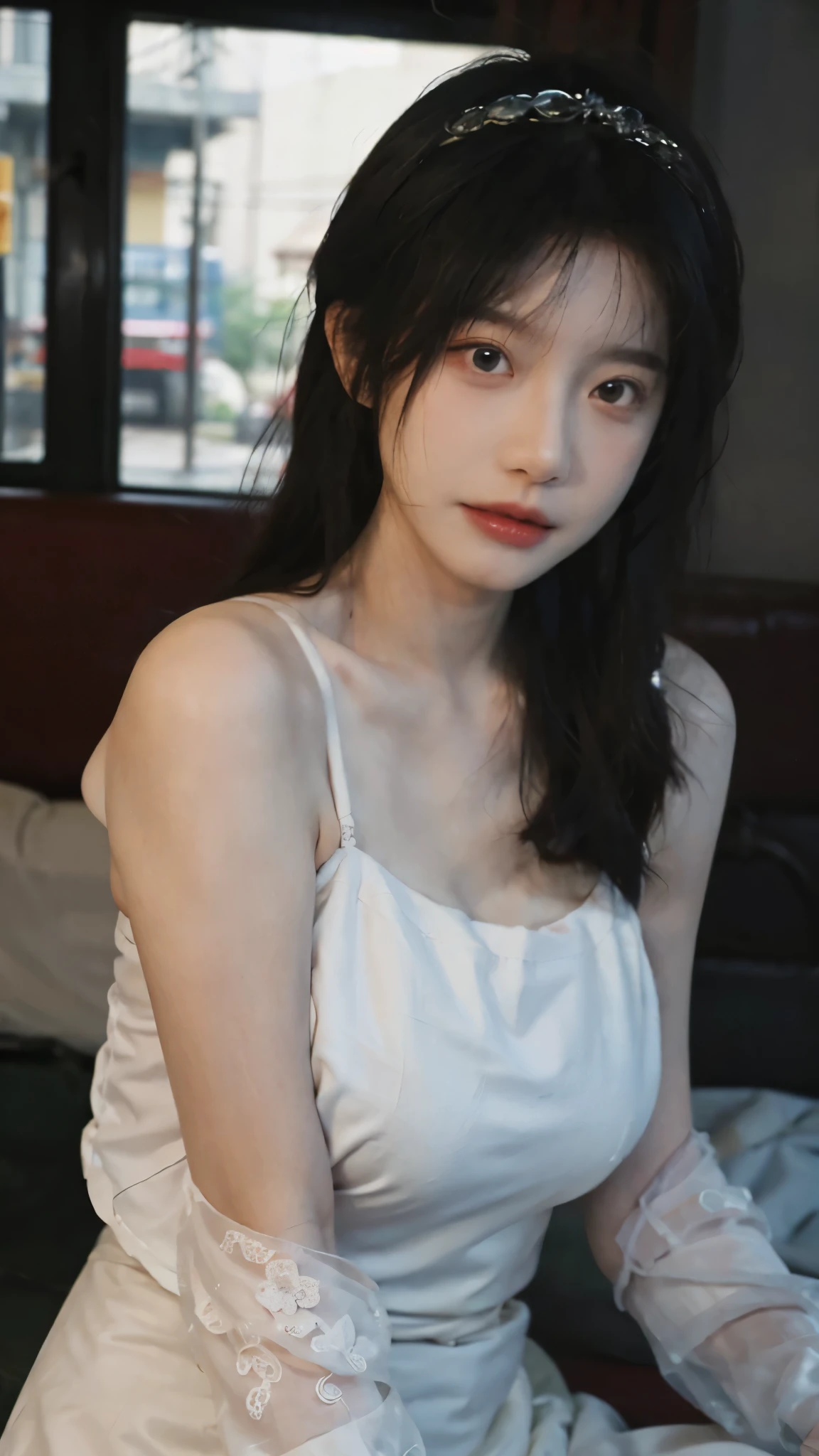 Portrait photography,1 girl,Wedding dress,Wedding dress背景,Push-up non-slip tube top ,(whole body:1.4),Lipstick,(Big Breasts:1.4),Headband,serene,calm,(Realistic and detailed eyes,Natural skin texture,Realistic facial details),