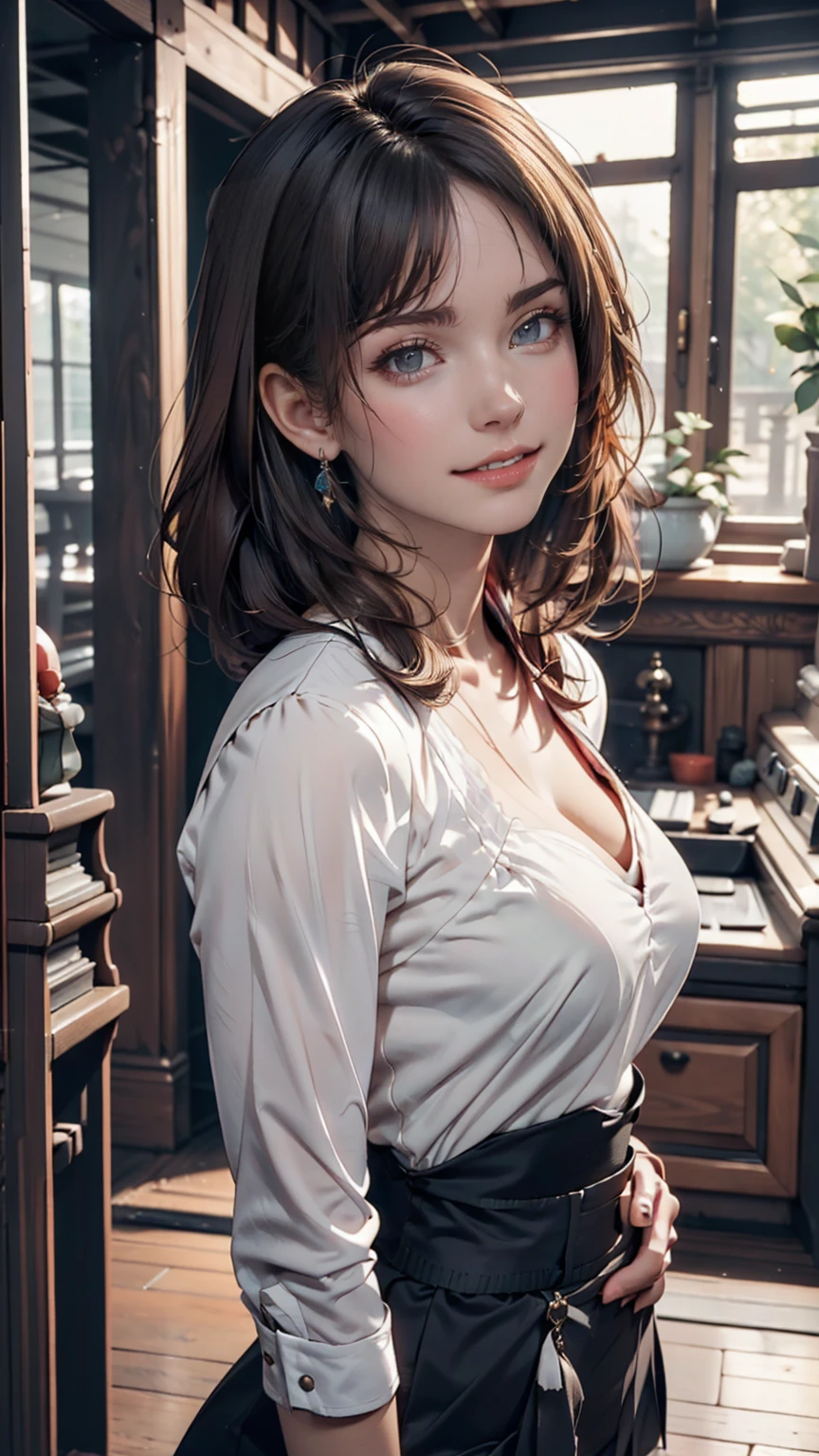 Highest quality, masterpiece, (Realistic: 1.2), 1 Girl, Slim girl, Redhead, Brown eyes, front, Detailed face, Beautiful Eyes, Brown eyes, Big eyes, Small breasts, Cleavage, A seductive long dress with lace、Sexy proportions、Sexy body type、erotic、adult、Narrow waist、Cleavage強調、Platform Sandals