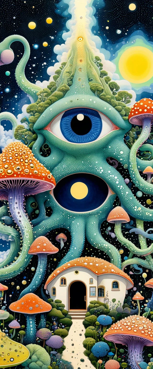 Strong visual fusion of multiple elements，Broto，来自Star的艺术家，house：1.37、Eye、Star、cloud、Spore powder、Tentacles，Describing the inner world of autistic people，密集Pointillism method。Smooth lines。Strange illustration。Pointillism method。Trypophobia。Strong contrast。Award-winning works。