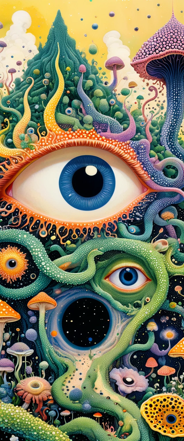 Strong visual fusion of multiple elements,Broto,来自Star的艺术家,house:1.37、Eye、Star、cloud、Spore powder、Tentacles,Describing the inner world of autistic people,密集Pointillism method。Smooth lines。Strange illustration。Pointillism method。Trypophobia。Strong contrast。Award-winning works。