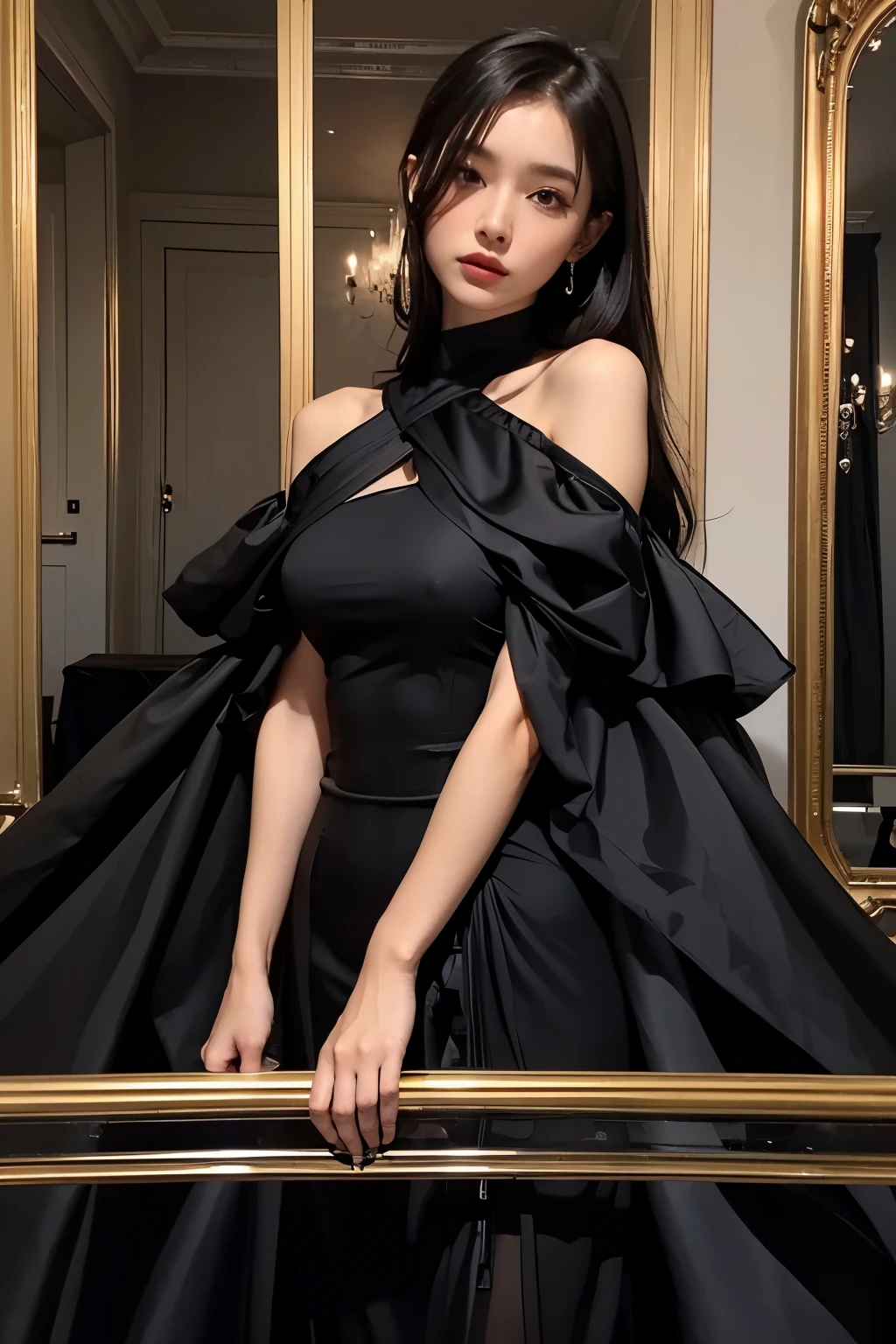 a close up of a person in a dress standing in a room, sexy dress, she is wearing a black dress, opened dress, in a dress, wearing black dress, wearing a black dress, black dress, wearing an elegant dress, very sexy outfit, wearing a tight black dress, tight dress, cute elegant pose, sexy gown, revealing stylish dress, wearing dress