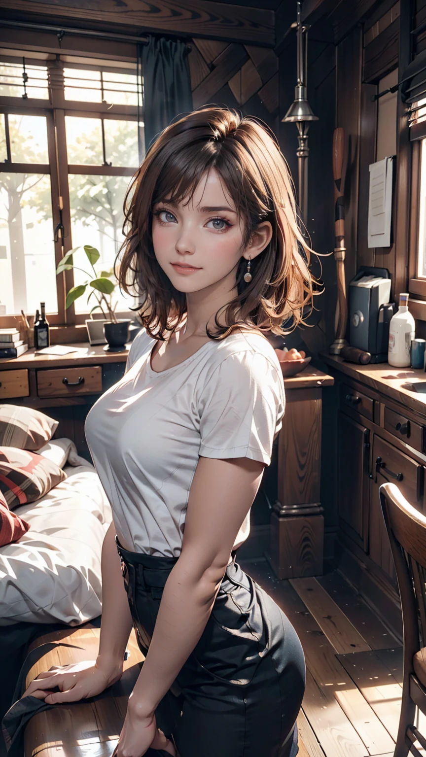 Beautiful woman, Wearing a white shirt, Full body portrait, Beautiful perfect face and perfect face, Surreal concept, 8k resolution, Photo quality, Pose for a photo, Photorealistic, 24-year-old woman、Sexy proportionature female body、Sexy proportionakeup、Textured skin((textured skin))、smile、Narrow waist、Inner Color((colored inner hair))、Vertical roll on one side((side drill))、Background blur((depth of field))、Aerial perspective((atmospheric perspective))