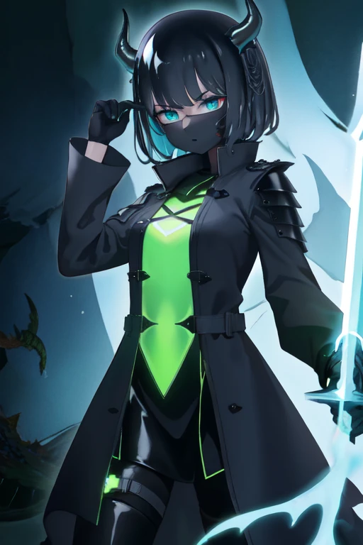 Waifu dragon slime  with light armor and a dark trench coat, electronic mask, obsidian sword 
