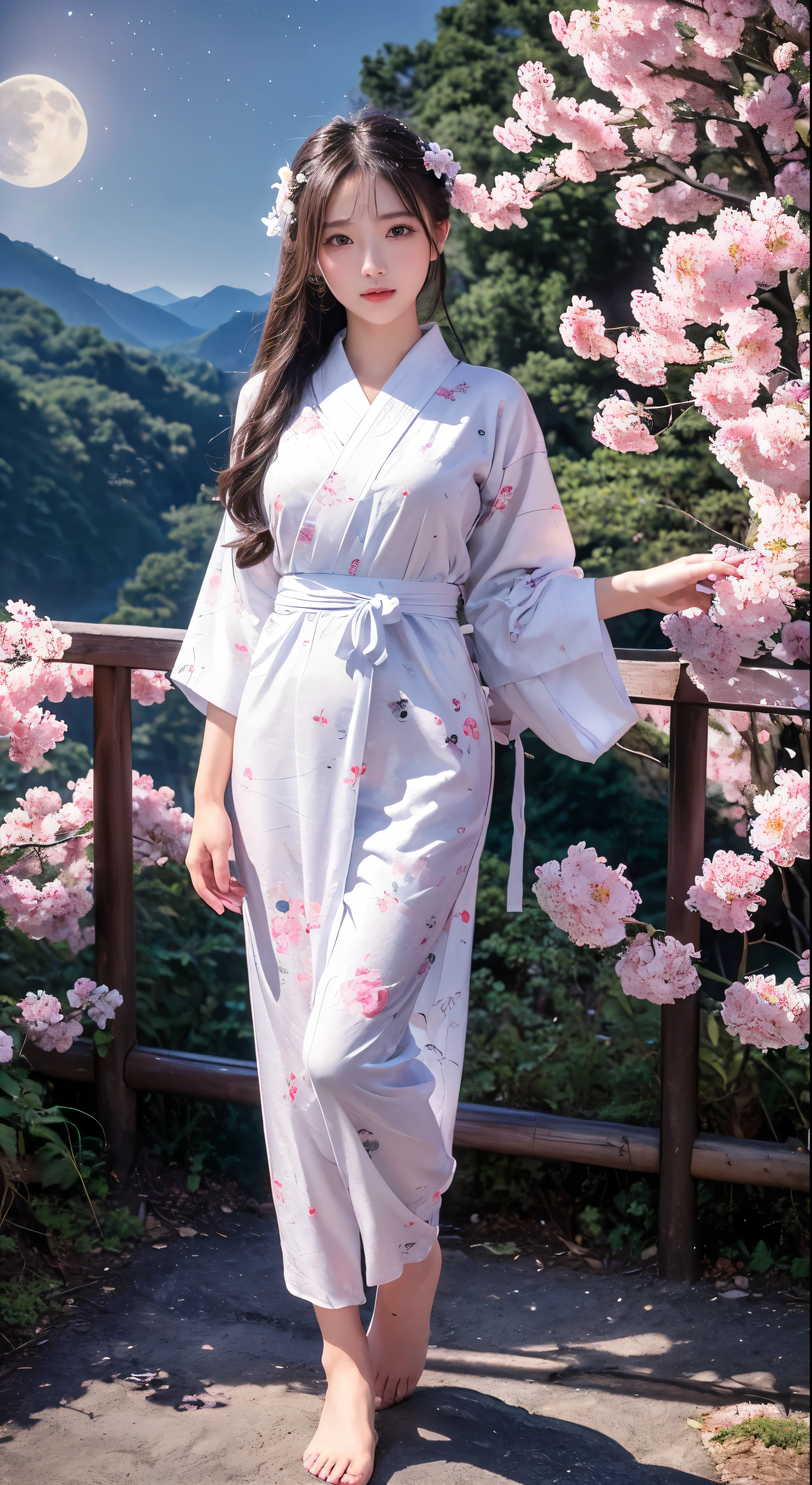 Highest quality、masterpiece、High resolution、1girl、Detailed face、(Full body high quality images:1.6)、In the moonlit forest、Mountains and Rivers、night、Firefly Light、Real、Rich in detail、(Blue floral yukata:1.2)、(Beautiful body:1.4)、with high definition images，