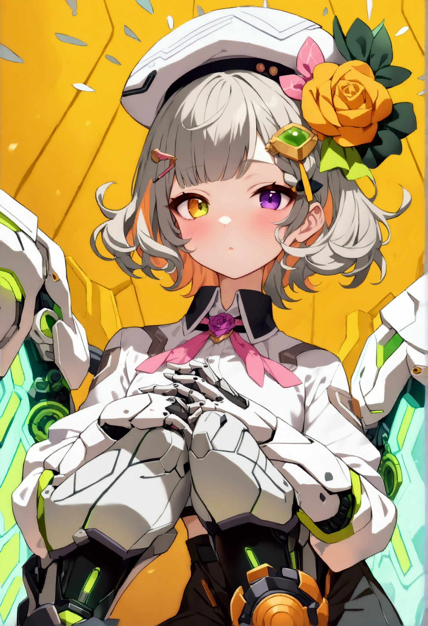 woman 165cm tall, slim build, , charming look, ((heterocromia: look like, right naranja y look like izquierdo violeta)), (Shoulder Length Wavy Gray Hair, a short braid on the left side of the hair, big open bangs, golden gear hairpin on the left side of the hair), (((complex mechanical legs up to the hip, The legs are black with gray parts with small pink details))), (((complex mechanical arms up to the elbows, The arms are black with gray parts with small pink details))), ((complex white mechanical angel wings with pastel green parts)), (elegant black French beret with an orange rose ribbon), (stylish white short sleeve button down shirt, dark brown shorts from the waist, elegant black belt, small rose brooch on shirt collar, beautiful mechanical stilettos), ((Pastel yellow background)), extremely detailed beautiful hair, beautiful detailed clothing, extremely detailed arms, extremely detailed face, (Extremely detailed hands), perfect hands, small face, hermosos look likes detallados, beautiful detailed lips, adorable, extremely detailed legs, (Best Quality, 8k, ultra resolution), ultra detailed, Exquisite and epic character art, (Focus on symmetry), (extremely detailed wings), (body position: standing, right, symmetrical), looking at the viewer, (whole body).