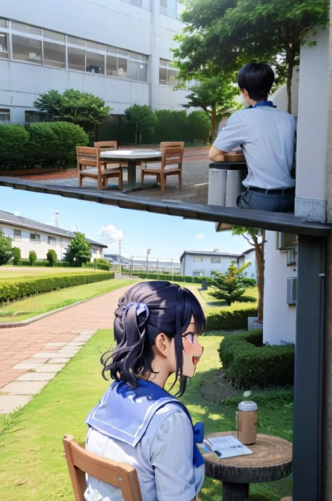 boy and girl,couple,sailor uniform girl,white shirt,blue collar girl,talking,happy,human focus,close up,nakaniwa,tree,outdoors, building, window, blue sky, grass, fence, cloud, bush, table, plant, chair,ultra-detailed,masterpiece,best quality,  