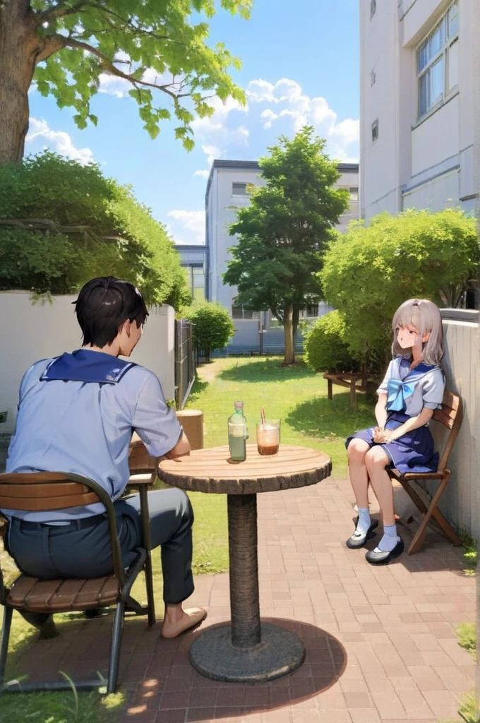 boy and girl,couple,sailor uniform girl,white shirt,blue collar girl,talking,happy,human focus,close up,nakaniwa,tree,outdoors, building, window, blue sky, grass, fence, cloud, bush, table, plant, chair,ultra-detailed,masterpiece,best quality,  