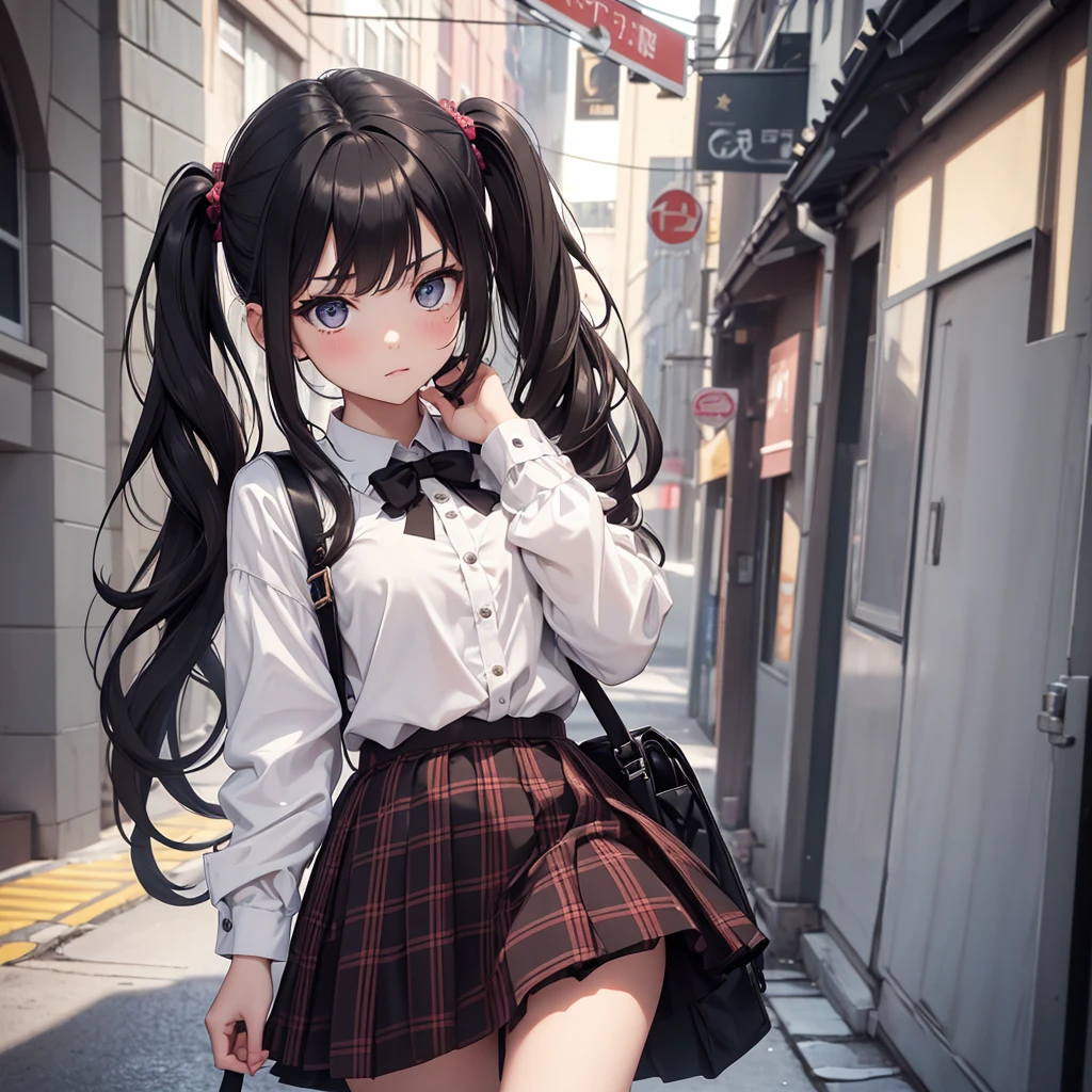 (8K, Best Quality, Masterpiece, Ultra High Resolution) 1Girl, Young, , Highautiful Eyes, Face Details, Dark Hair, Long Hair, Pigtails, Hazel Eyes, Pale Skin, Dainty, Cute, Blouse, Plaid Skirt, Dark Outside, Best Quality, Upper Body, Looking at the Viewer, Facing Viewer, Close Up