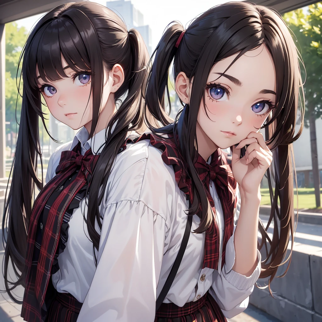 (8K, Best Quality, Masterpiece, Ultra High Resolution) 1Girl, Young, , High School Student, Beautiful Eyes, Face Details, Dark Hair, Long Hair, Pigtails, Hazel Eyes, Pale Skin, Dainty, Cute, Blouse, Plaid Skirt, Dark Outside, Best Quality, Upper Body, Looking at the Viewer, Facing Viewer, Close Up