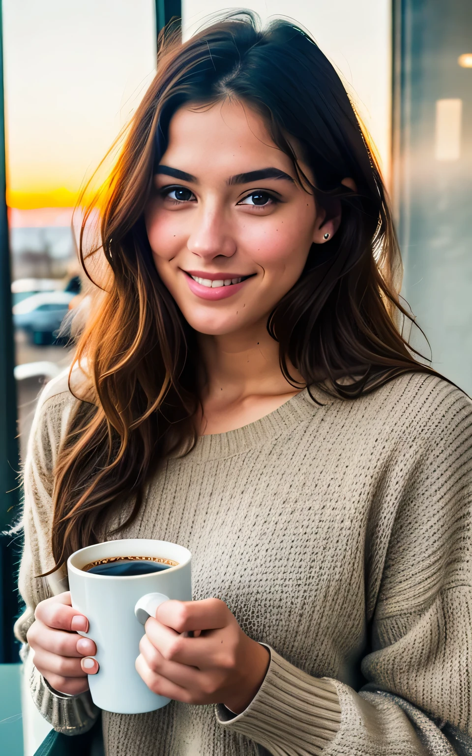 Beautiful brunette wearing beige sweater (holding a cup of coffee inside a modern café at sunset), very detailled, 21 years old, inoccent face, natural wavy hair, blue colored eyes, high resolution, work of art, best qualityer, details Intricate, highy detailed, sharp focus, skin detailed, realisitic skin texture, texture, detailedeyes, proffesional, 4K, charming smile, filmed in canon, 85mm, Shallow depth of field, Cores Kodak Vision, perfect shape body, extremely detaild, photoshot_\(ultra\), photorealisitic, realisitic, Post-processing, Maximum details, roughness, real-life, ultra realisitic, photoshotrrealismo, photoshotgrafia, 8k hd, photoshotgrafia