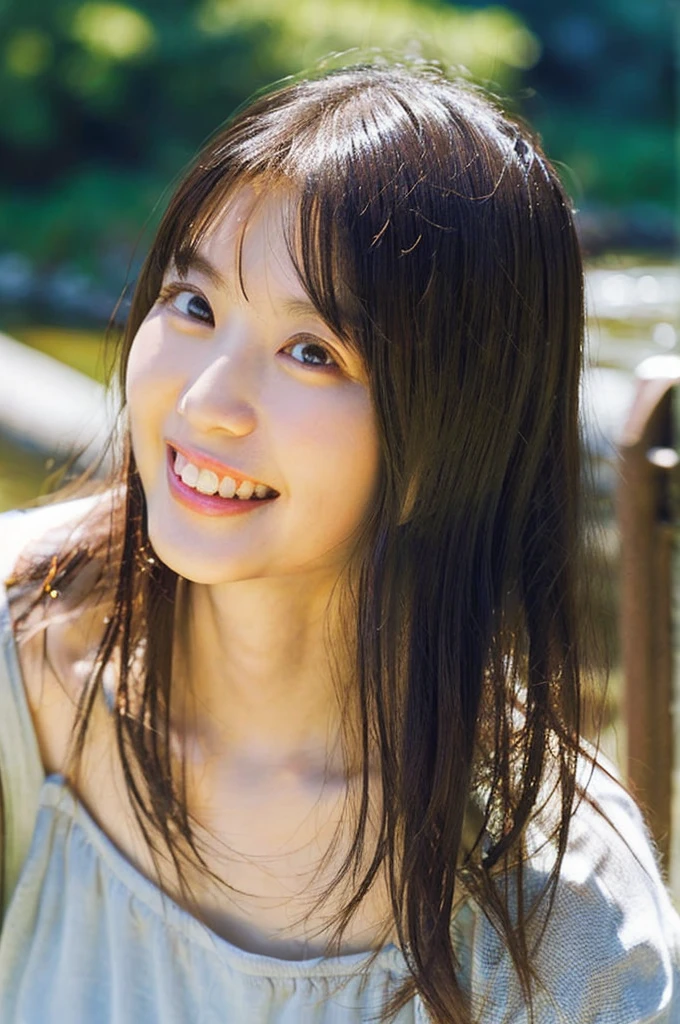 A girl wearing a white dress is bathing in the river, getting wet, having fun, no make-up, rural scenery, sunset,smile、smile、、((No makeup))、(Realistic、Photorealistic、Ultra-detailed、Best detailed skin、Highest quality、masterpiece、超A high resolution)、Cute Japanese Woman、************、High school girl、Young girl、1 girl、Has bangs、double eyelid、Drooling eyes、Big black eyes、attractive、purity、かわいいsmile、自然なsmile、Watch it here、Realistic肌タイプ、Fluffy hair、Red cheeks、The wind is blowing、illumination、The light is coming from behind、smile、smile
