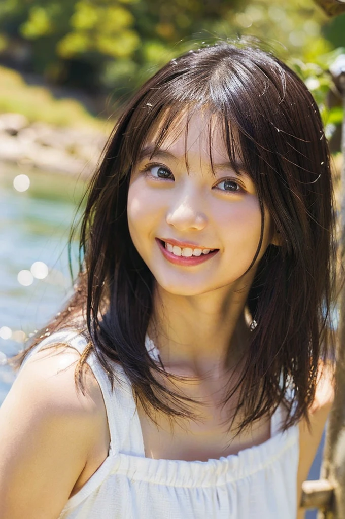A girl wearing a white dress is bathing in the river, getting wet, having fun, no make-up, rural scenery, sunset,smile、smile、、((No makeup))、(Realistic、Photorealistic、Ultra-detailed、Best detailed skin、Highest quality、masterpiece、超A high resolution)、Cute Japanese Woman、16 years old、High school girl、Young girl、1 girl、Has bangs、double eyelid、Drooling eyes、Big black eyes、attractive、purity、かわいいsmile、自然なsmile、Watch it here、Realistic肌タイプ、Fluffy hair、Red cheeks、The wind is blowing、illumination、The light is coming from behind、smile、smile