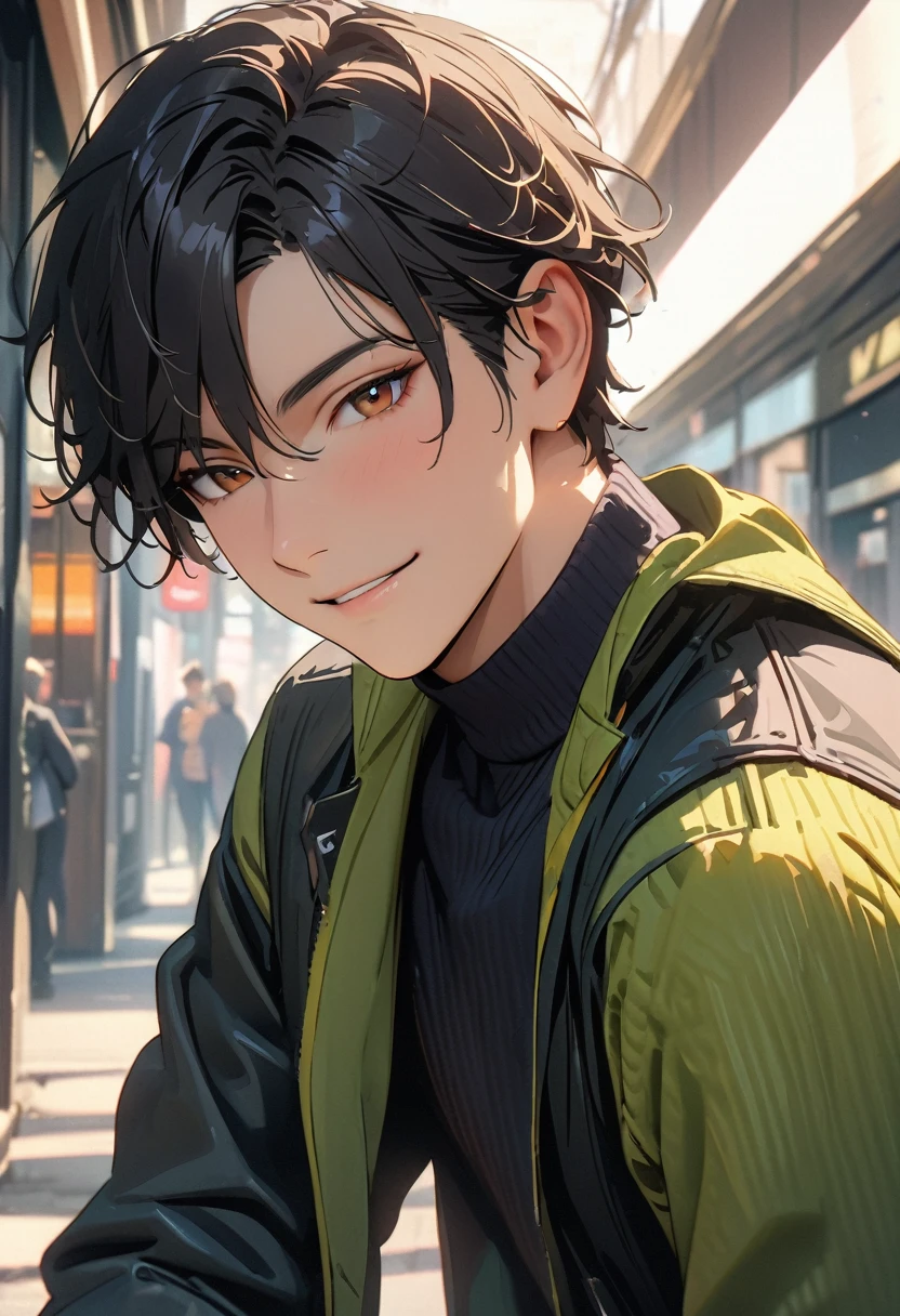 25 years old ,modern, Verism, (masterpiece:1.3), textured skin, super detail, best quality, 4K , A handsome man, black hair, short hair, light smile, happy