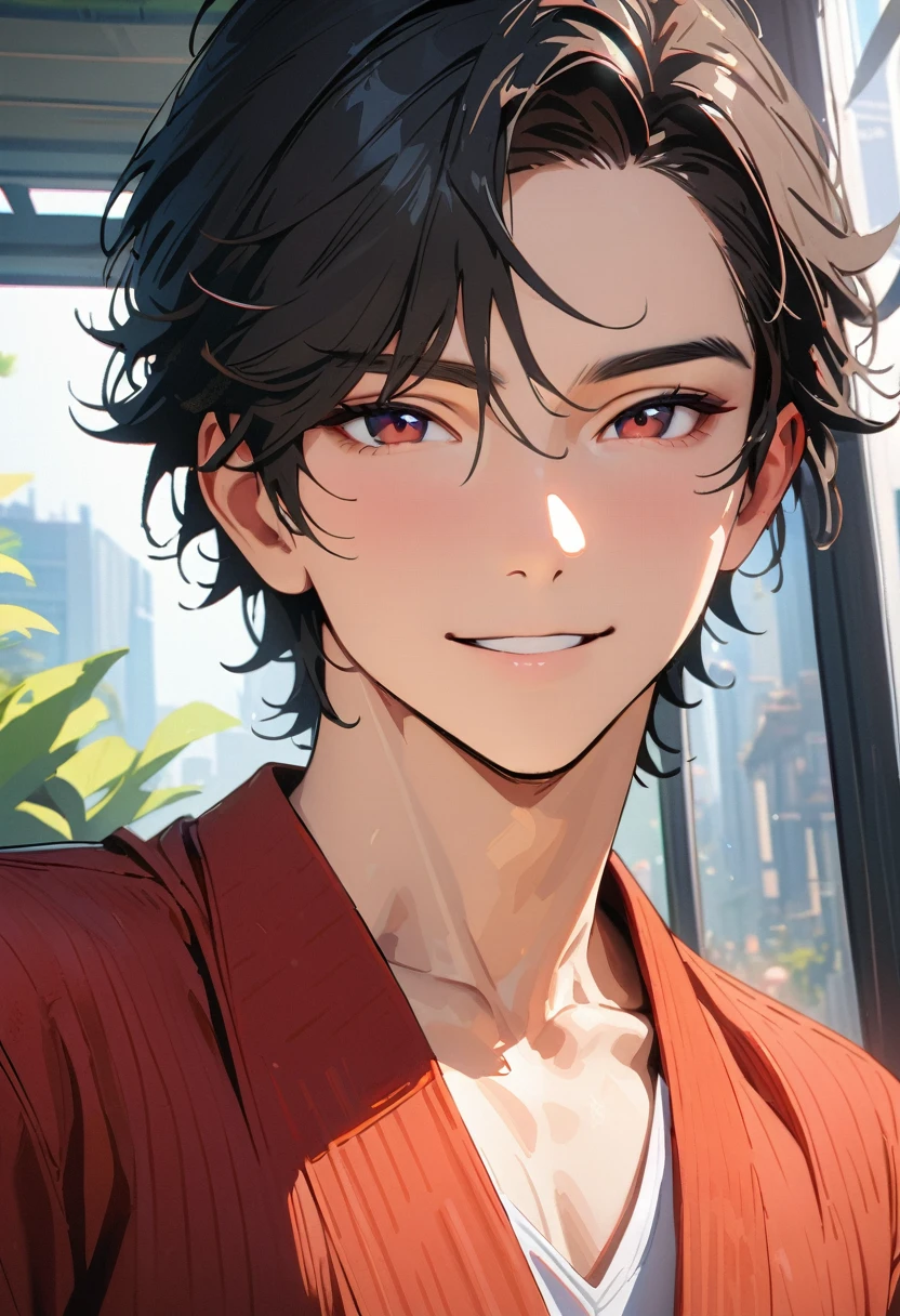 25 years old ,modern, Verism, (masterpiece:1.3), textured skin, super detail, best quality, 4K , A handsome man, black hair, short hair, light smile, happy
