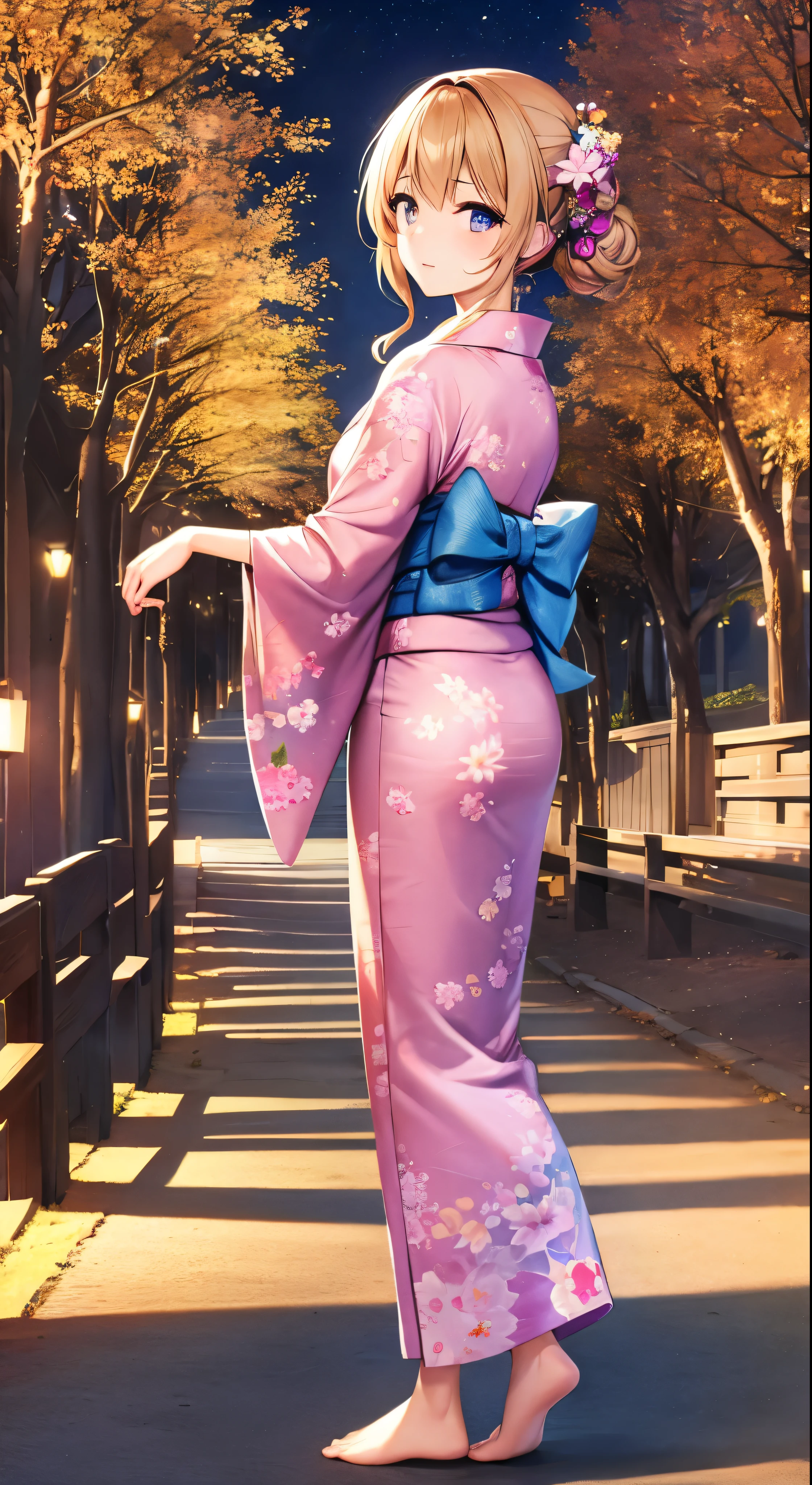 Highest quality、masterpiece、High resolution、1girl、Detailed face、(Full body high quality images:1.6)、In the moonlit forest、Mountains and Rivers、night、Firefly Light、Real、Rich in detail、(Pink floral yukata:1.2)、(Beautiful body:1.4)、with high definition images，