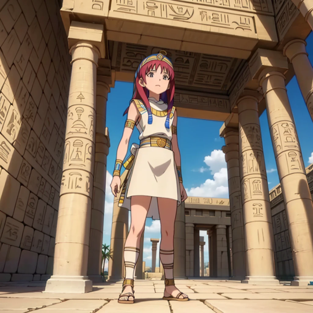 かわいいAncient Egyptの15歳の女の子、Ancient Egypt、View of the Nile、A colorful view of the whole、whole body、Low - Angle、Standing posture、Reeds are growing、Ancient Egyptの船、Ancient Egyptの風景
