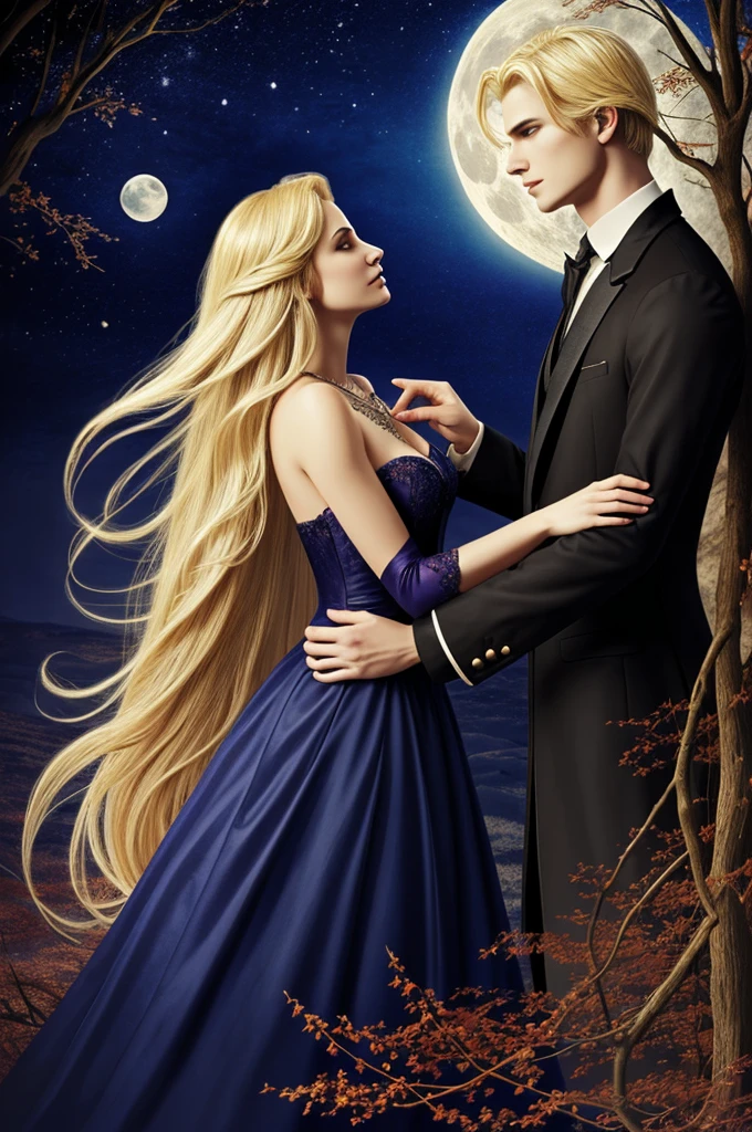 Create the cover of my book that has the title"under the spell of the moon", drawing is a vampire and a fairy, both blonde