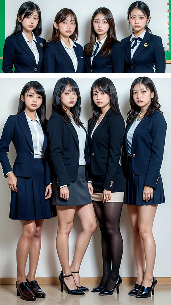 Ultra-high resolution, Realistic, Very detailed, Golden Ratio, Highest quality, Four people are standing full-body shot, (promotional photoshoot), (Are standing), Four people stand on the floor in high heels, (4 beautiful female teachers with exemplary figures), Beautiful Face, (Realistic face), Japanese Blonde, short hair, hair band, Glare, Frowning, Drooling, Verbal invitation, compensate, Frowning, Surrealism, First Person View, Wide-angle, Ultra-high resolution, Anatomically correct, Super detailed, 16K, (4 beautiful female teachers,Standing side by side), The four of them are wearing the same uniform., Navy blue uniform with ribbon shirt, (She is wearing a navy blue micro mini uniform.), (Not exposed), Not see-through, (wide thighs), (Micro mini skirt),(Wearing brown loafers),button gap