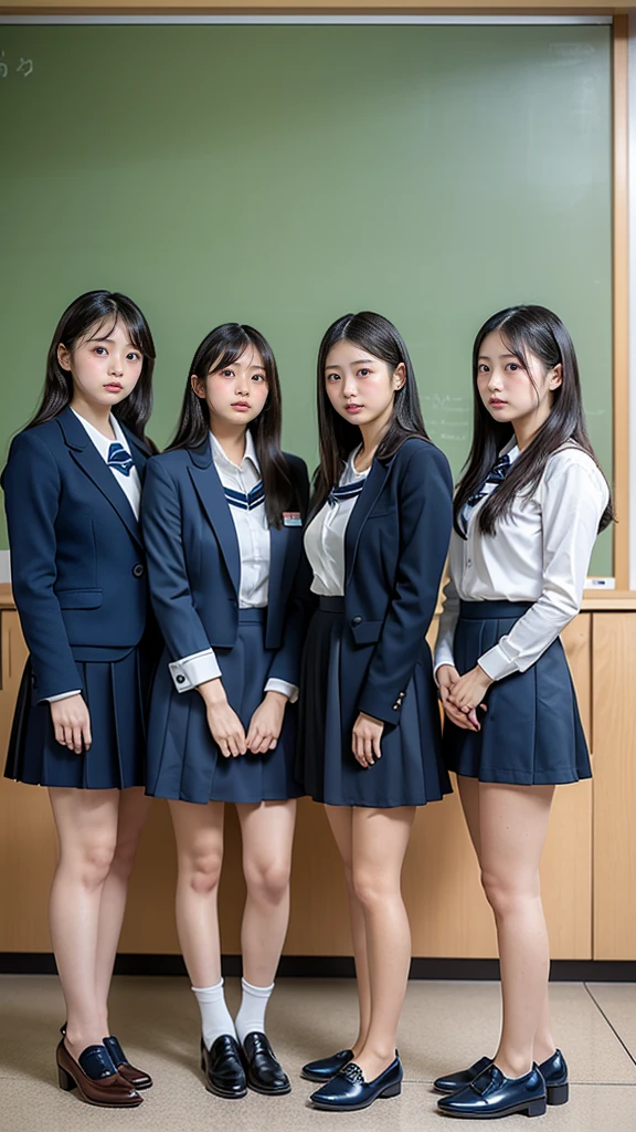 Ultra-high resolution, Realistic, Very detailed, Golden Ratio, Highest quality, Four people are standing full-body shot, (promotional photoshoot), (Are standing), Four people stand on the floor in high heels, (4 beautiful female teachers with exemplary figures), Beautiful Face, (Realistic face), Japanese Blonde, short hair, hair band, Glare, Frowning, Drooling, Verbal invitation, compensate, Frowning, Surrealism, First Person View, Wide-angle, Ultra-high resolution, Anatomically correct, Super detailed, 16K, (4 beautiful female teachers,Standing side by side), The four of them are wearing the same uniform., Navy blue uniform with ribbon shirt, (She is wearing a navy blue micro mini uniform.), (Not exposed), Not see-through, (wide thighs), (Micro mini skirt),(Wearing brown loafers),button gap