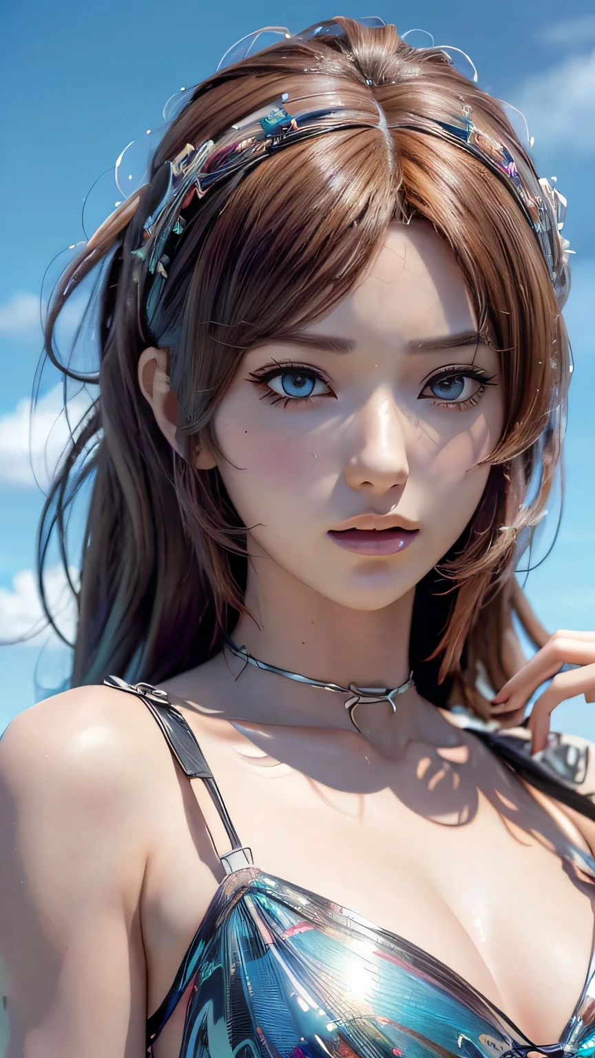 (Masterpiece: 1.3), (8K, Photorealistic, 3D cartoon, Top image quality: 1.4), Female, (Big head: 1.2), Wearing bikini and transparent dress, (Detailed: 1.4), (Extremely detailed 3D character), Large eyes, Colorful hair, (3D model with high resolution textures), (Realistic rendering with cartoon style), (Extremely detailed face and body features), (Lively and vibrant colors), (Accurate shading and lighting), (Attractive and eye-catching), (Anime-inspired design), (CG animation with high