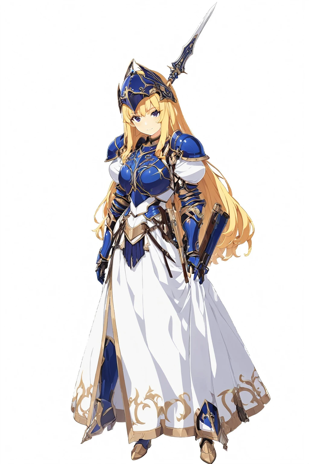 high quality, high resolution, high qualityのゲームアートスタイル, whole body,valkyrie,perfect hand,Official Art, Smooth game CG art, Visual Novel Sprites, White background,Smooth game CG art, (((Woman with a gun))),Woman wearing a white dress and blue armor, An intricately designed helmet with white feathers,Small shield, (((In his right hand he holds an elaborate spear))),Exquisite Blue Armor,Golden Hair, long hair, female knight, Rin々Shii,Large Bust,20-year-old,