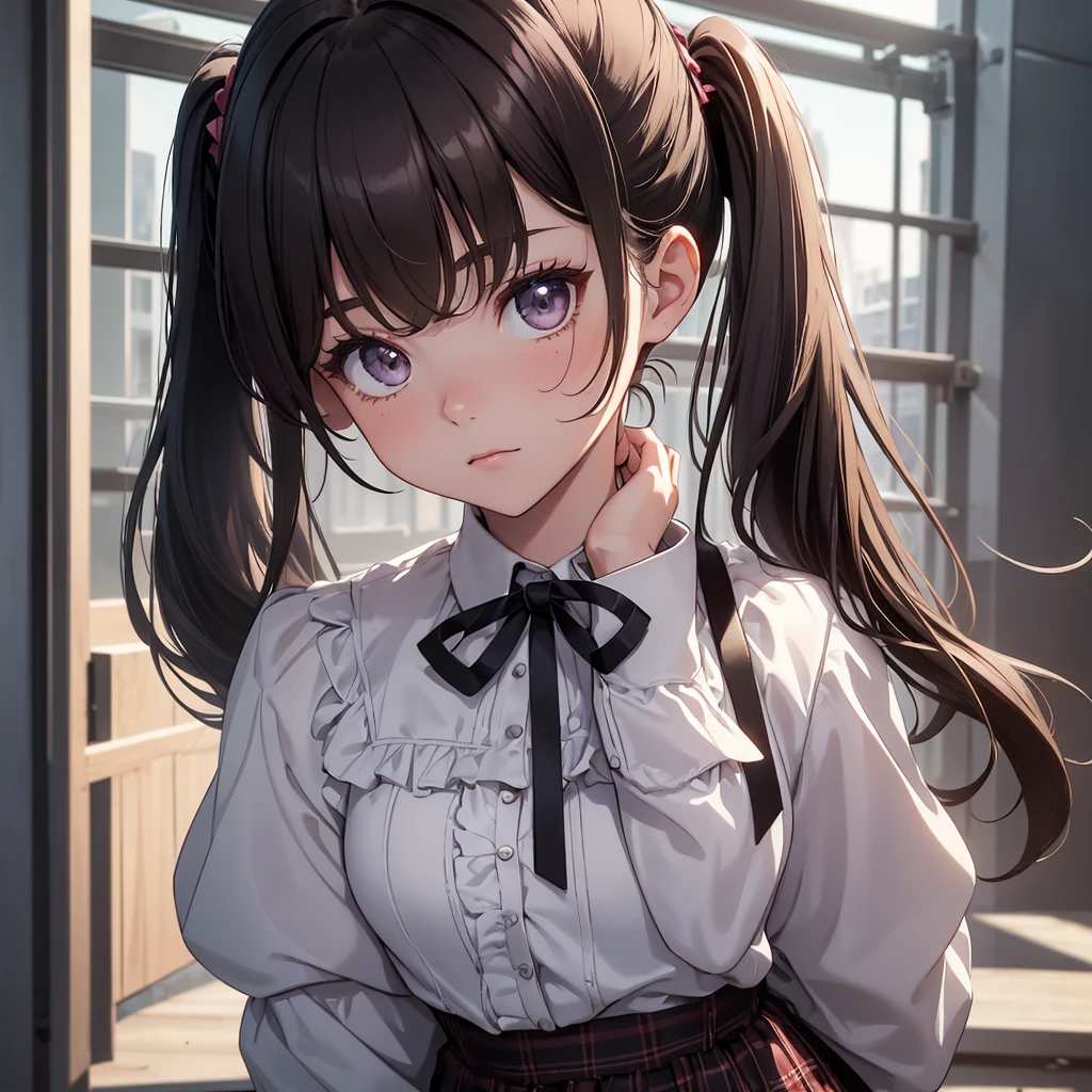 (8K, Best Quality, Masterpiece, Ultra High Resolution) 1Girl, Young, , High School Student, Beautiful Eyes, Face Details, Dark Hair, Long Hair, Straight Pigtails, Hazel Eyes, Pale Skin, Dainty, Cute, Blouse, Plaid Skirt, Dark Outside, Best Quality, Upper Body, Looking at the Viewer, Facing Viewer, Close Up
