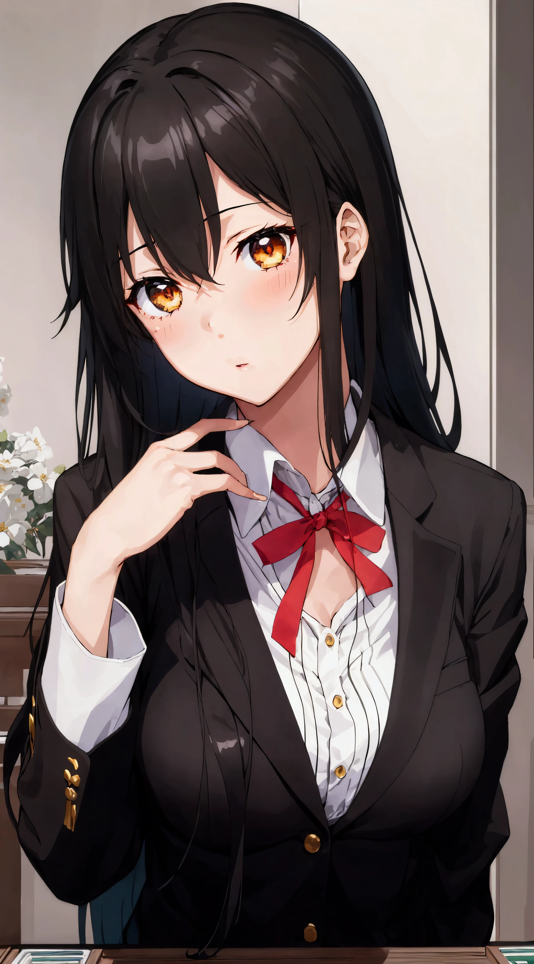masterpiece, Highest quality, Ultra-high resolution, (beautiful girl: 1.3), (Browsing Caution: 1.1), Black Hair, Straight hair、long hair、Upper Body Shot,yukino yukinoshita,blazer,Yukino Yukino lining up tiles at a mahjong parlor、Rin々Funny face、Smaller breasts、Red ribbon in hair