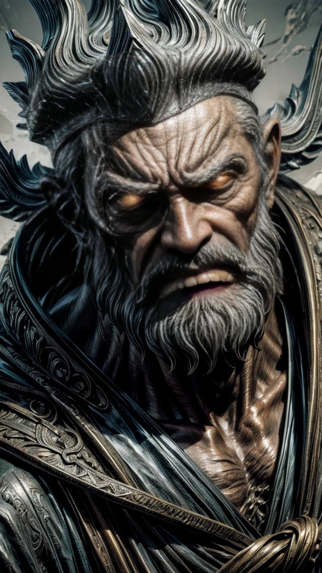 stoic old elder statue, with an angry expression